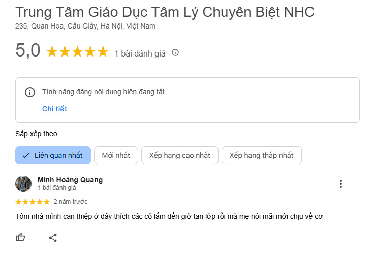 Feedback khách hàng để lại trên nền tảng mạng xã hội của trung tâm Giáo Dục Tâm Lý Chuyên Biệt NHC